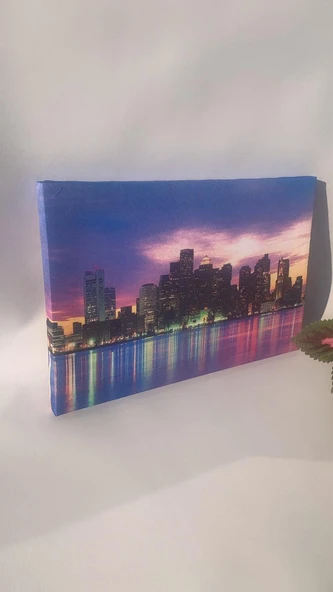 Renkli Işık Günbatımı Gökdelen Manzaralı Natürel Tasarım Ahşap Çerçeve Ev İşyeri Kanvas Tablo SHR6 - 2