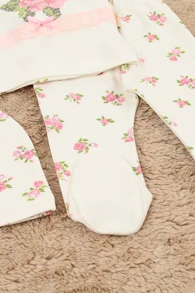 Kız Bebek Kaneviçe Gül Detaylı Fiyonklu 3 Parça Hastane Çıkışı / Zıbın Seti / Bebek Takım YeniDoğan - Resim 5