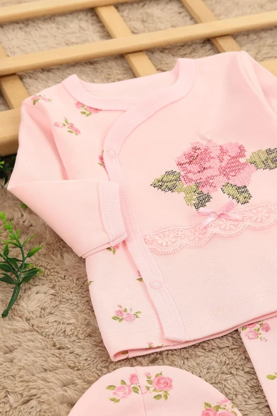 Kız Bebek Kaneviçe Gül Detaylı Fiyonklu 3 Parça Hastane Çıkışı / Zıbın Seti / Bebek Takım YeniDoğan - Resim 8