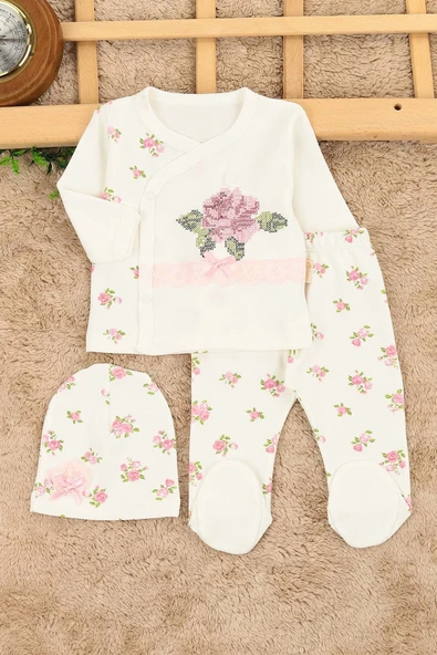 Kız Bebek Kaneviçe Gül Detaylı Fiyonklu 3 Parça Hastane Çıkışı / Zıbın Seti / Bebek Takım YeniDoğan ürün görseli