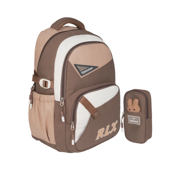 Relaxion Yeni Sezon Kalemlikli Kahverengi-Krem İthal Premium Okul Sırt Çanta 1510