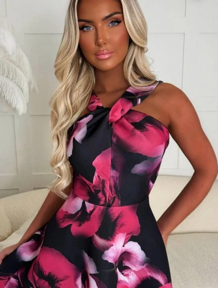 Kadın Halter Yaka Detay Ciçek Baskılı Midi Boy Elbise - Resim 3