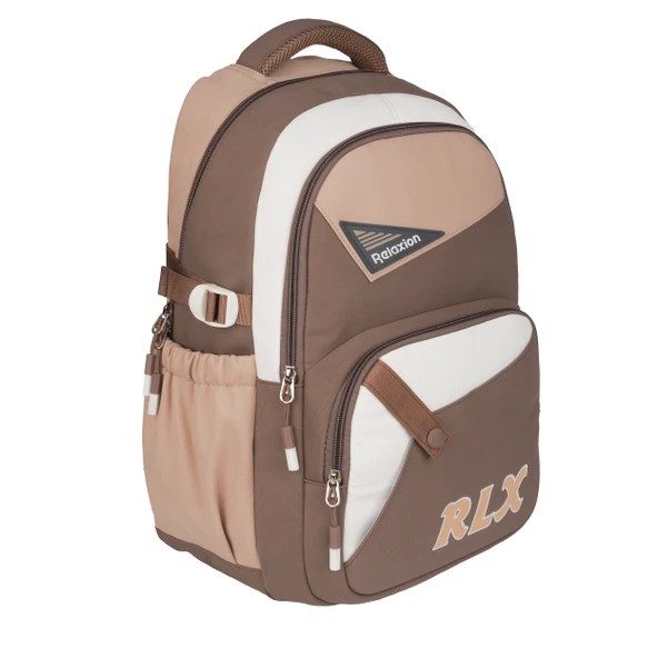 Relaxion Yeni Sezon Kalemlikli Kahverengi-Krem İthal Premium Okul Sırt Çanta 1510 - 2