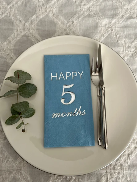 Gümüş Yaldızlı Mavi Happy 5 Yaş Months Garson Katlama Peçete 16 Adet ürün görseli 1