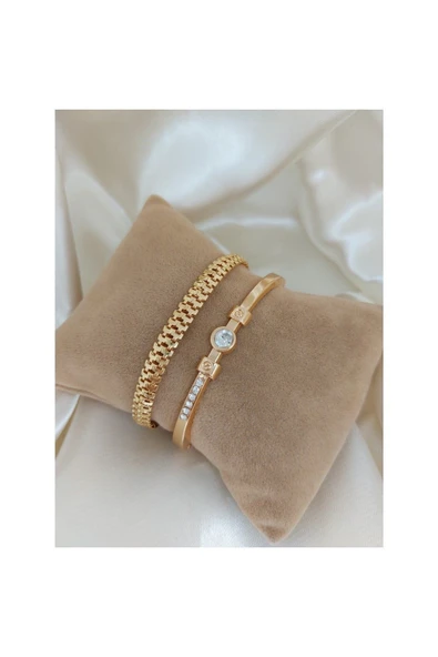 Altın Renk Kadın Altın Kaplama Zirkon Taşlı Kararmaz Kombin Bileklik