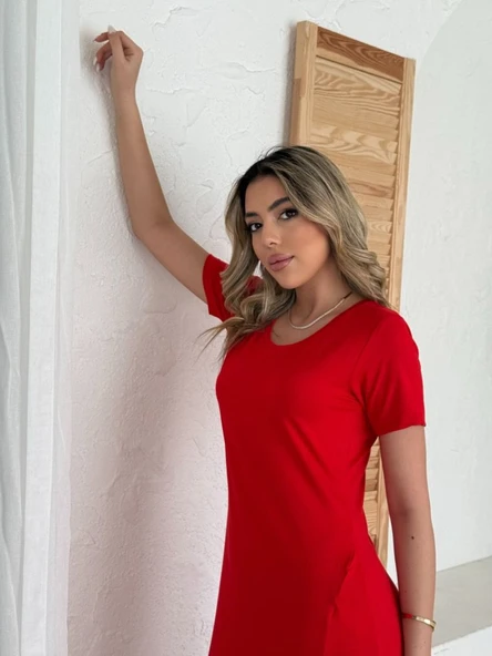 Kadın Kısa Kollu V Yaka Maxi Boy Elbise 124 Cm - Resim 2