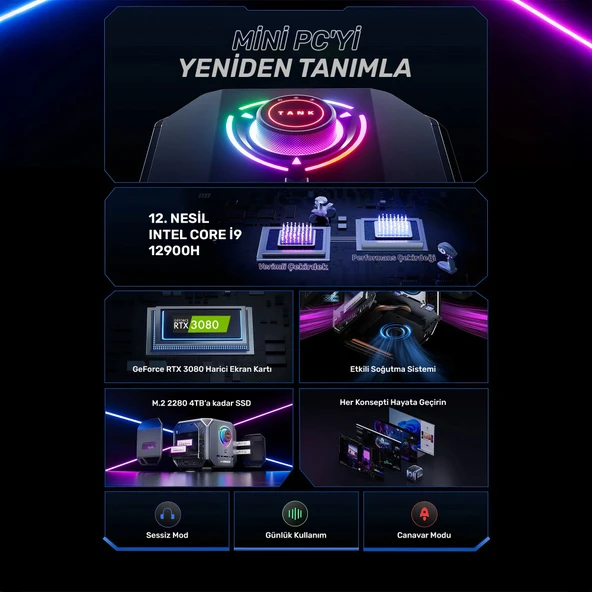 RaXius Vector GT-I129.3080A004 i9-12900H 16GB 1TBSSD+1TBSSD RTX3080 FreeDOS Mini PC - Resim 2