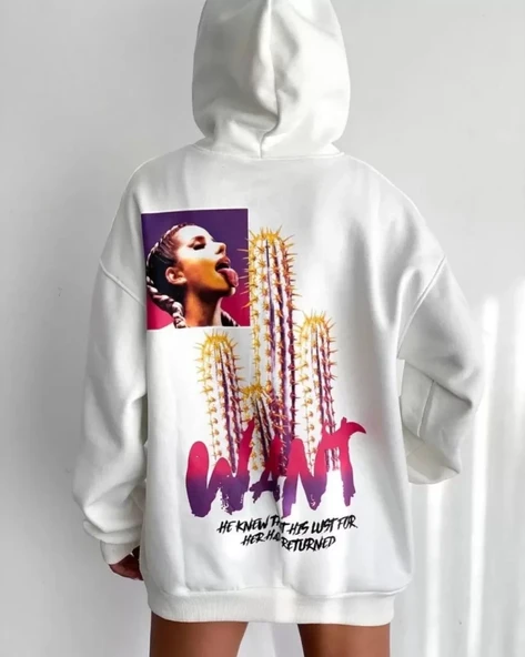 Baskılı Üç İplik Kapüşonlu Oversize Sweatshirt - Beyaz ürün görseli