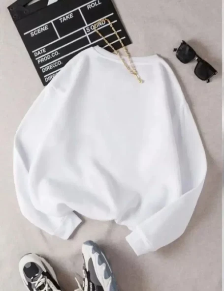 Üç İplik Biskilet Yaka Basic SweatShirt - Beyaz ürün görseli