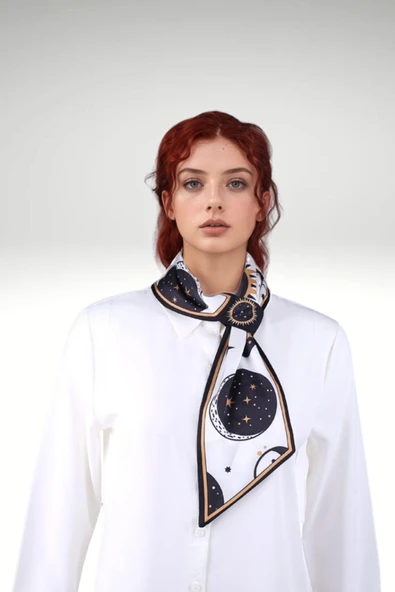 Walkenzo Kozmik Güneş & Gezegen Desenli Şık Kadın Kravat Fular - Resim 4