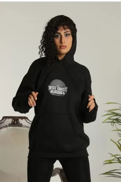 Unisex Sırt Baskılı Kapüşonlu Üç İplik Oversize Sweatshirt - Siyah ürün görseli