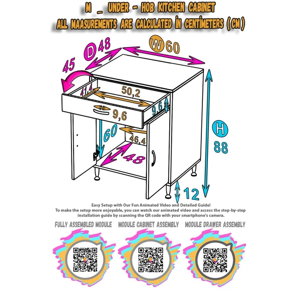Modilayn DOQU (M) Set Ocak Altı Dolap 60x88x48 cm 1 Çekmece 2 Kapaklı ve 1 Gözlü Tüp Bölmelidir - 6