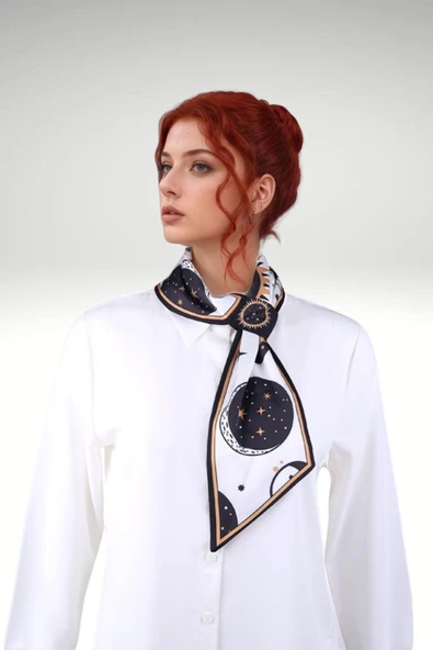 Walkenzo Kozmik Güneş & Gezegen Desenli Şık Kadın Kravat Fular - Resim 3