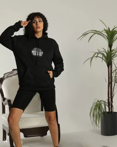 Unisex Sırt Baskılı Kapüşonlu Üç İplik Oversize Sweatshirt - Siyah - Resim 3