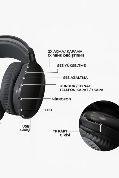 QASUL Disco Pulse Led Işık Ses Bluetooth V5.3 Kablosuz Kulak üstü Kulaklık - Resim 5