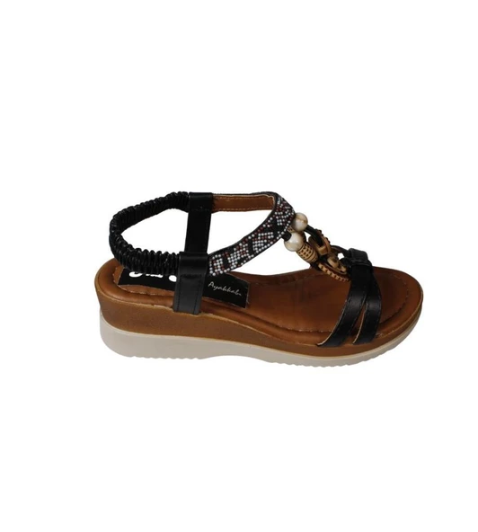 YAZKIŞ Kadın Siyah Ten Üzeri Çapraz Bantlı Taşlı Bileği Lastikli 5cm Dolgu Rahat Taban Sandalet - Resim 5