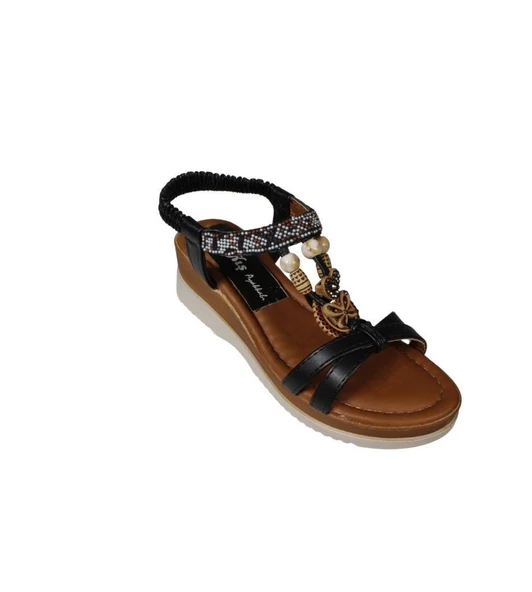 YAZKIŞ Kadın Siyah Ten Üzeri Çapraz Bantlı Taşlı Bileği Lastikli 5cm Dolgu Rahat Taban Sandalet ürün görseli