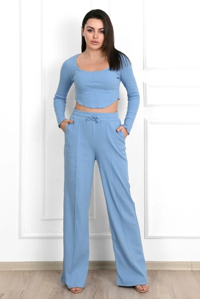 3691-23 Kadın Uzun Kollu Palazzo Pazntolonlu Eşofman Takımı - 9