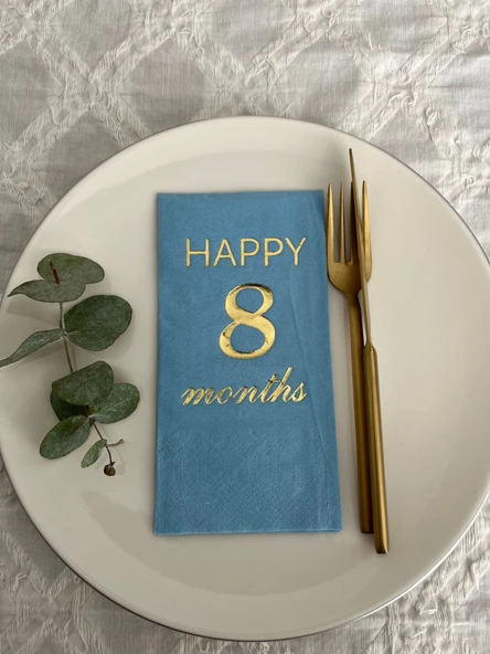 Gold Yaldızlı Mavi Happy 8 Yaş Months Garson Katlama Peçete 16 Adet ürün görseli 1