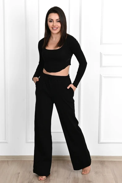 3691-23 Kadın Uzun Kollu Palazzo Pazntolonlu Eşofman Takımı