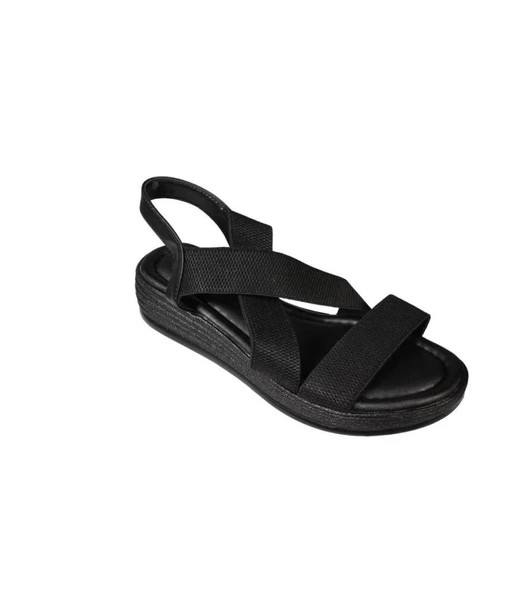 YAZKIŞ Kadın Siyah Ten Çapraz Lastik Bantlı 4cm Rahat Taban Sandalet - Resim 2