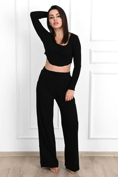 3691-23 Kadın Uzun Kollu Palazzo Pazntolonlu Eşofman Takımı - 2