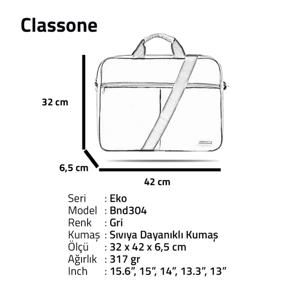 Classone Eko2 BND304 15.6'' Gri Notebook Çantası - Resim 6