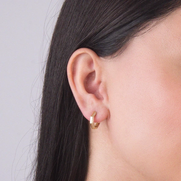 14 Ayar Altıgen Yanı Taşlı Halka Altın Küpe 3,60 gr - 4