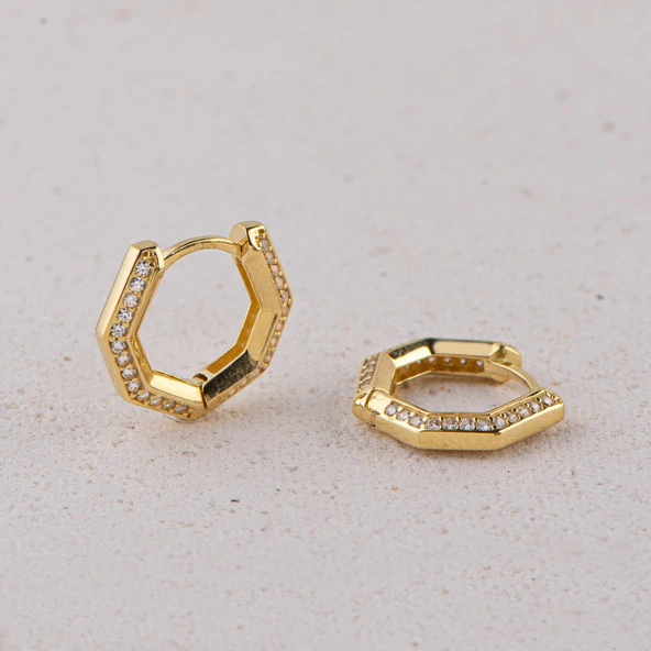 14 Ayar Altıgen Yanı Taşlı Halka Altın Küpe 3,60 gr - 3