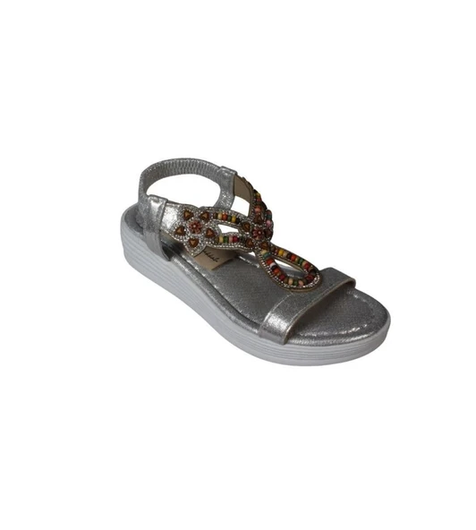 YAZKIŞ Kadın Siyah Gümüş Tek Bantlı Üzeri Boncuklu Arkası Lastikli 4cm Rahat Taban Sandalet - Resim 4