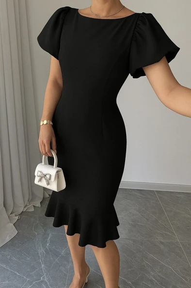 Kadın Kısa Kollu Yuvarlak Yaka Pileli Janjan Krep Elbise - Resim 4