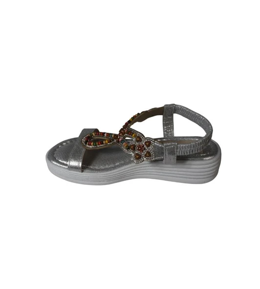 YAZKIŞ Kadın Siyah Gümüş Tek Bantlı Üzeri Boncuklu Arkası Lastikli 4cm Rahat Taban Sandalet - Resim 8