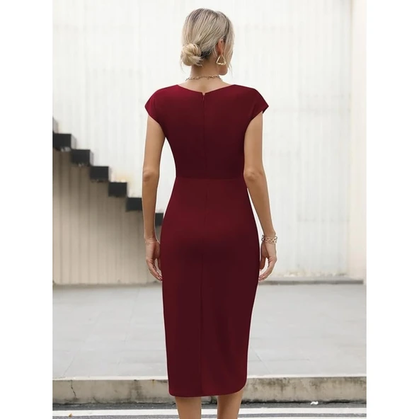 Lucky Life Kadın Yarım Ay Kollu Bisiklet Yaka Yandan Drapeli Ithal Krep Elbise - 3