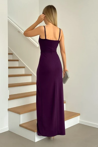 Kadın Dalgıç Kumaş V Yaka Yırtmaç Detaylı Maxi Boy Elbise - Resim 2