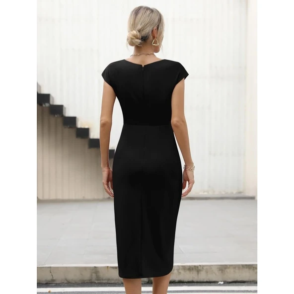 Lucky Life Kadın Yarım Ay Kollu Bisiklet Yaka Yandan Drapeli Ithal Krep Elbise - 4