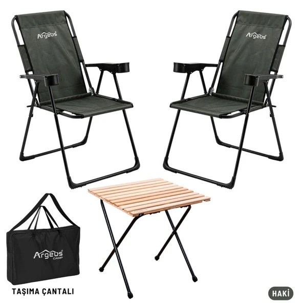 2 Adet Katlanır Kamp Sandalyesi ve Masa Seti - Rest - Taşıma Çantalı - Haki - 130 KG Taşıma ürün görseli