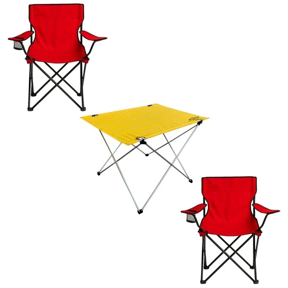 2 Adet Katlanır Kamp Sandalyesi ve Masa Seti - (DY.001) - Kırmızı/Sarı - Plaj Sandalyesi - Resim 2
