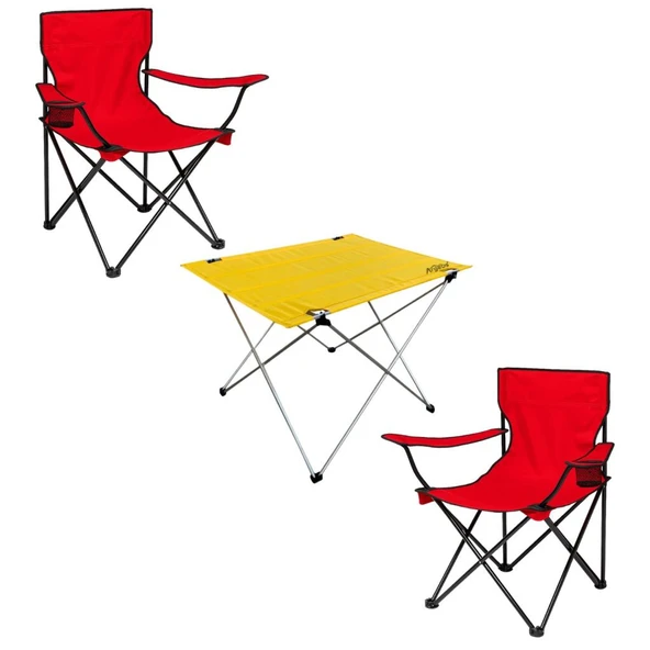 2 Adet Katlanır Kamp Sandalyesi ve Masa Seti - (DY.001) - Kırmızı/Sarı - Plaj Sandalyesi ürün görseli