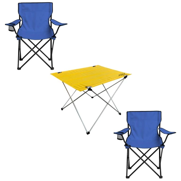 2 Adet Katlanır Kamp Sandalyesi ve Masa Seti - (DY.001) - Lacivert/Sarı - Plaj Sandalyesi - Resim 2