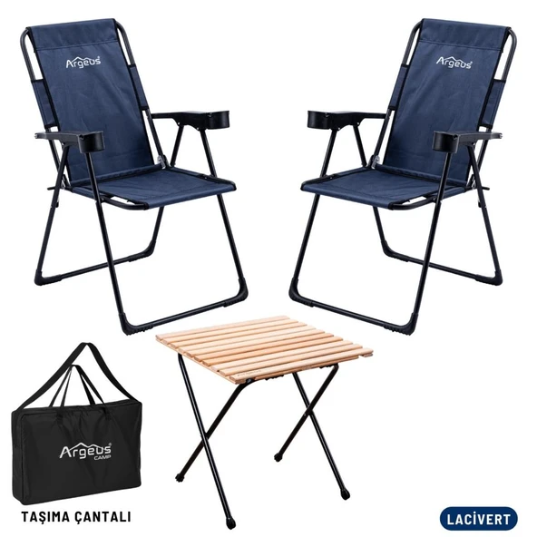 2 Adet Katlanır Kamp Sandalyesi ve Masa Seti - Rest - Taşıma Çantalı - Lacivert - 130 KG Taşıma ürün görseli