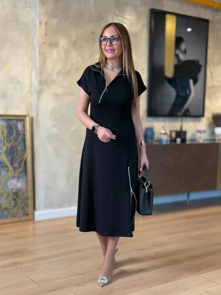 Kadın Kısa Kollu Yakadan Ve Etekten Fermuarlı Midi Viskon Iki Iplik Elbise ürün görseli