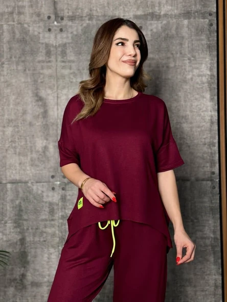 Kadın Kısa Kollu Bisiklet Yaka Viskon Iki Iplik Bluz Ve Pantolon Ikili Takım - Resim 4