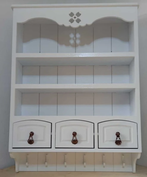 Ahşap Boyanabilir MDF Dekoratif 3 Raflı ve 3 Çekmeceli Duvar Rafı - Terek