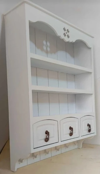 Ahşap Boyanabilir MDF Dekoratif 3 Raflı ve 3 Çekmeceli Duvar Rafı - Terek - 2