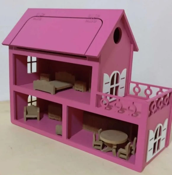 Boyalı Ahşap Çatısı Açılır Barbie Evi, Mobilya seti hediyeli