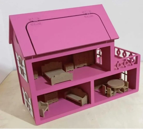 Boyalı Ahşap Çatısı Açılır Barbie Evi, Mobilya seti hediyeli - 2