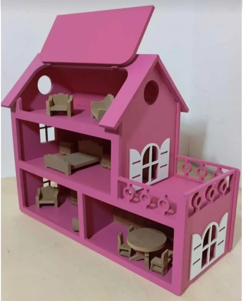 Boyalı Ahşap Çatısı Açılır Barbie Evi, Mobilya seti hediyeli - 5