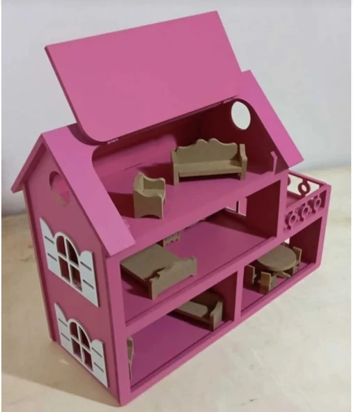 Boyalı Ahşap Çatısı Açılır Barbie Evi, Mobilya seti hediyeli - 4