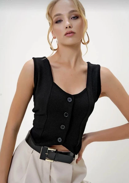 Krep kumaş düğmeli yelek siyah s3395 - Resim 2