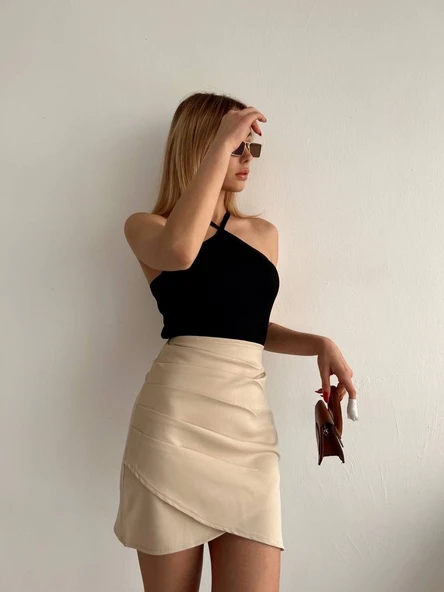 Yandan drapeli asimetrik etek bej s24771 - Resim 2